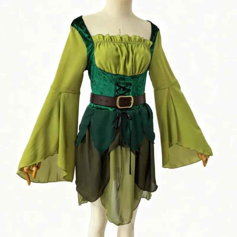 Women's Elf Medieval Green Fairy Dress Magical Elf Dress and Belt with Wings Halloween Cosplay Costumes Elf role-playing costume