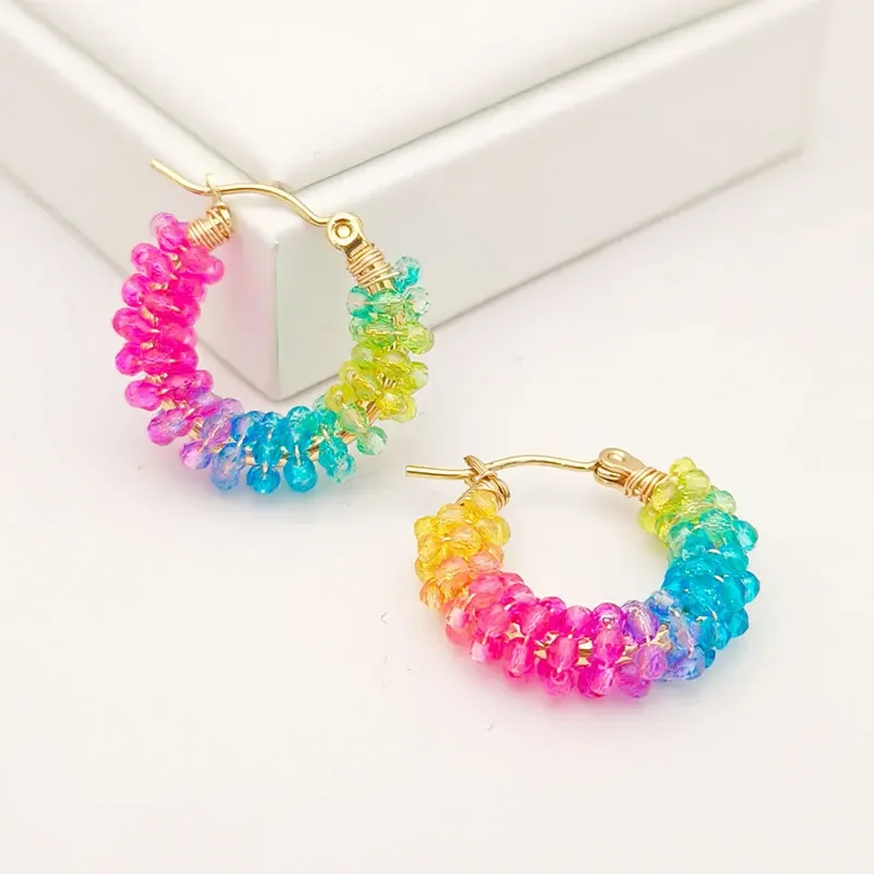 Beaded earrings Circle Rainbow Gradient Bohemia Entangle Crystal Hand knitting Alloy Tide Simple Rice bead earrings