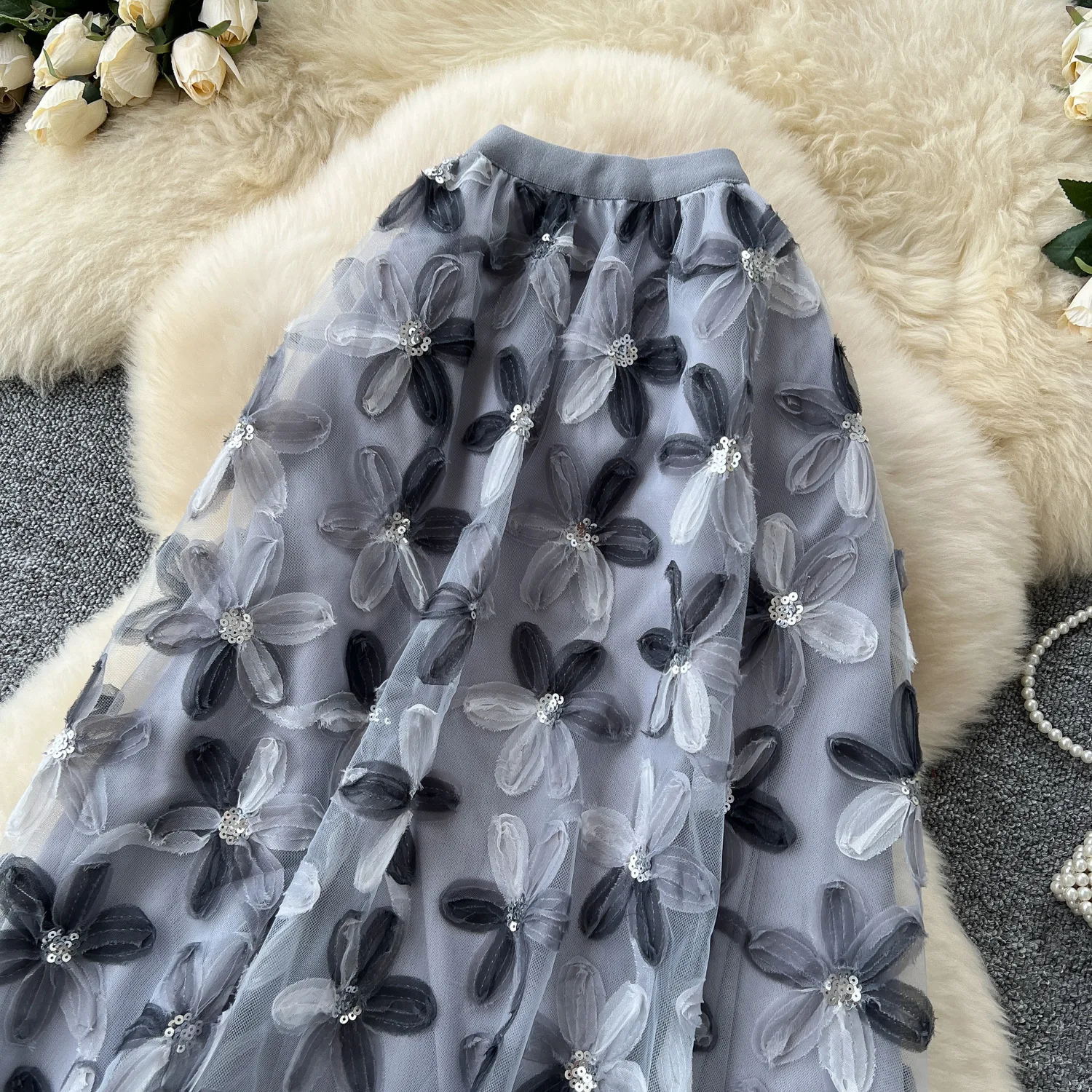 Autumn Winter Flower Embroidery Sequin Mesh Midi Skirts Women 2026 Korean Style Fashion Elegant High Waist Faldas