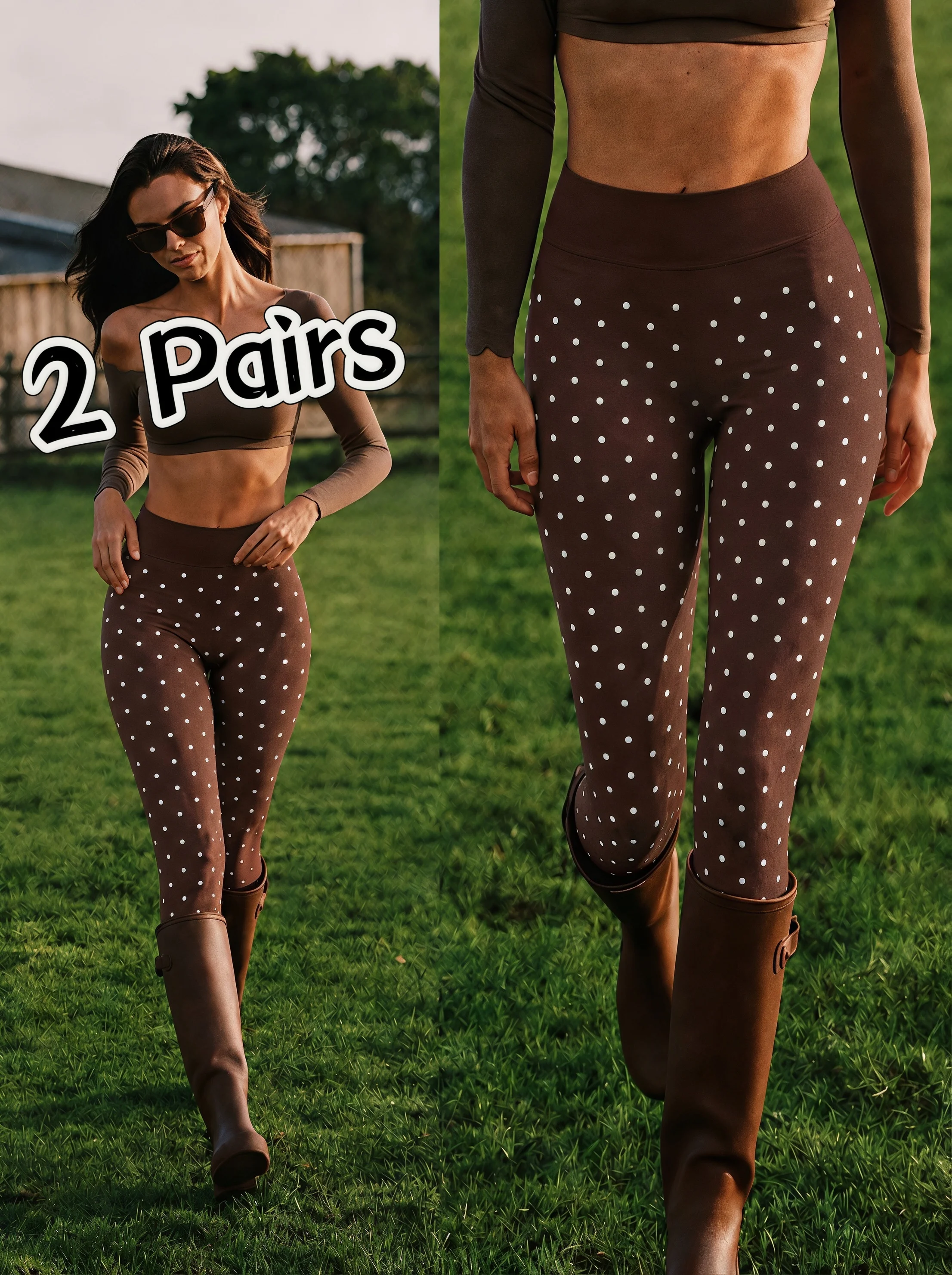 2 Pairs Women Coffee Brown Tiny White Polka Dot High Waist Leggings Retro Brown High Stretch Soft Slim Pants