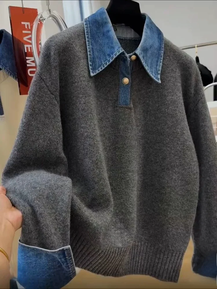 Korean Style Long Sleeve Neck Sweater Women's Denim Patchwork Autumn Winter New Arrival Loose Fit Knitted Top for Girls