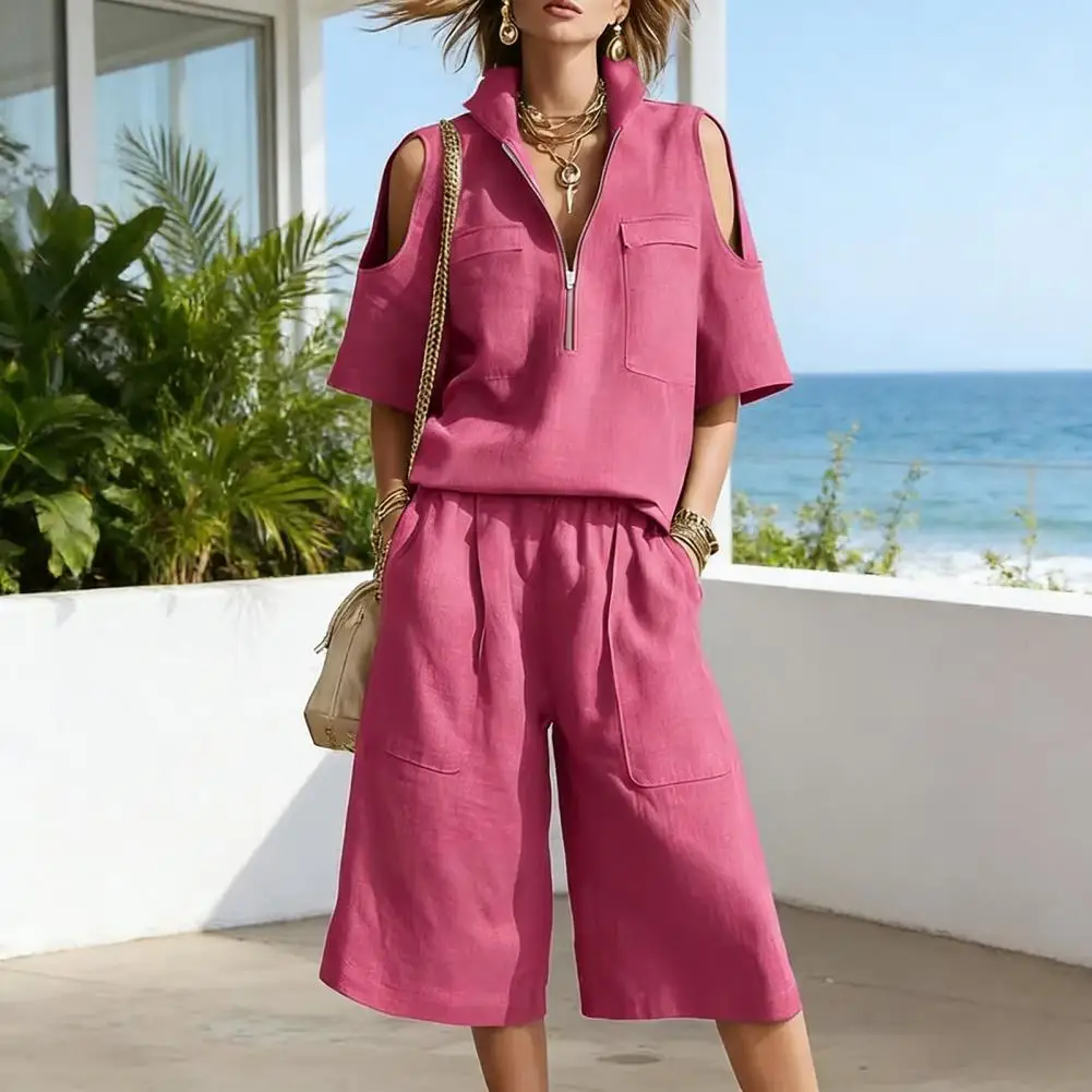 2026 Two Piece Sweatsuit for Women Casual Half Zipper Short Sleeve Tops And Shorts Tracksuit Summer Versatile Women Clothing Set