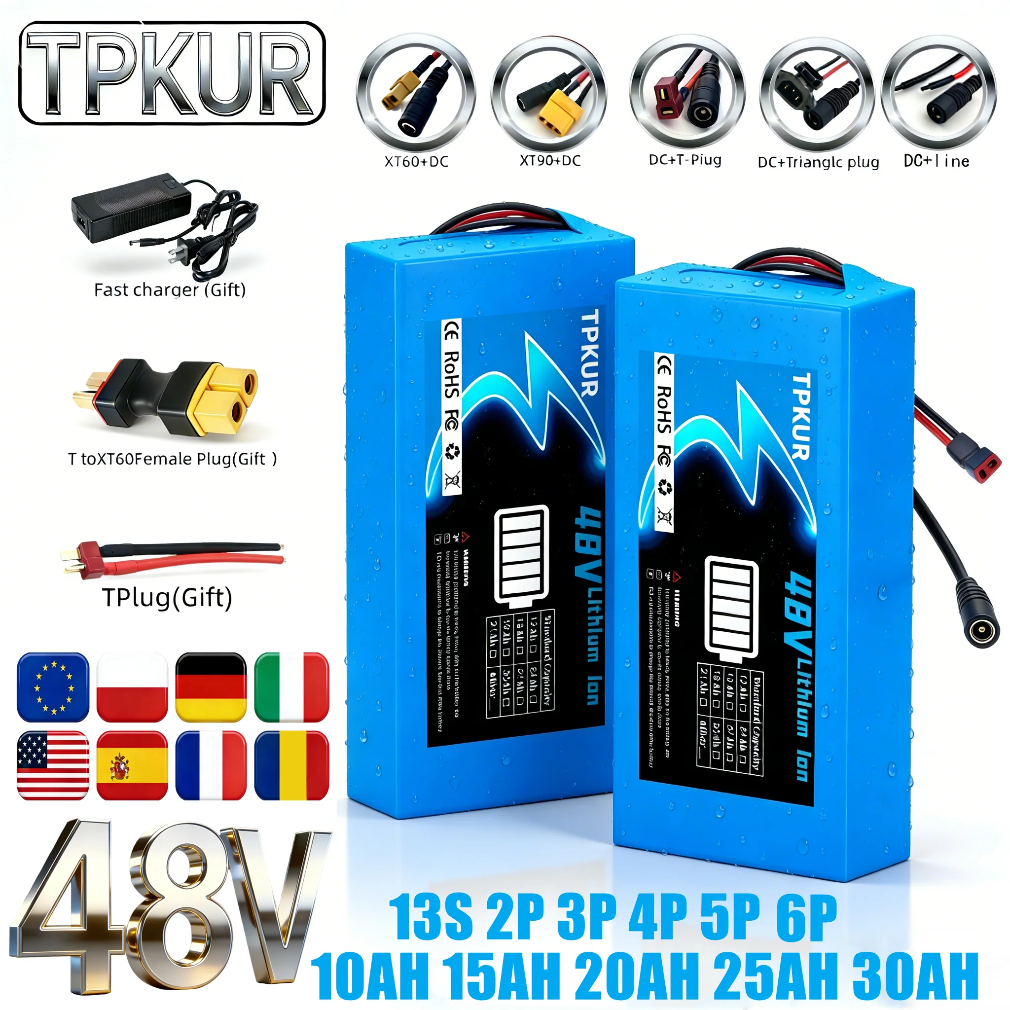 Suitable for 100-1500W Scooters, New 48V 13S 2P 3P 4P 5P 7P 18650 Lithium-Ion Battery Packs, with Built-in BMS and Quick Charger