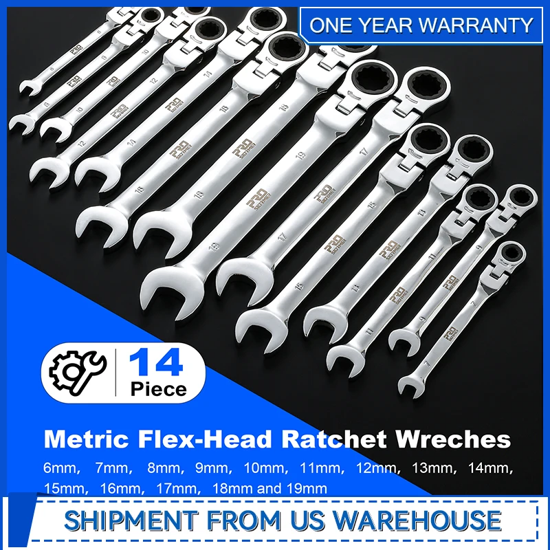 14 Piece Flex-Head Ratchet Set 6-19mm Metric Chrome Vanadium Steel Ratchet Combination End Wrench Set By Prostormer