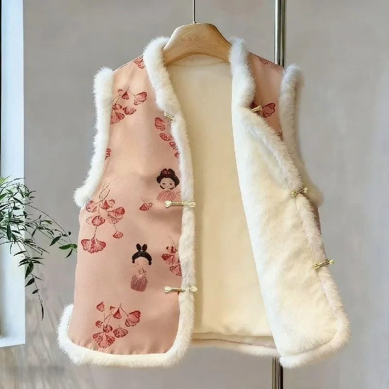 New Fleece Thickened Coat for Spring Features Traditional Chinese Style Printed Patchwork Buttons Women's Fur Fringes for Warmth