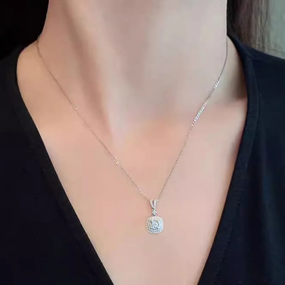 Luxury Double Halo Square  5A Zircon Pendant Necklace Silver Color Cushion Frame Zircon Thin Chain for Women Valentine Jewelry