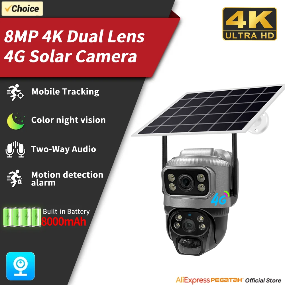 PEGATAH 8MP 4K عدسة مزدوجة 4G كاميرا تعمل بالطاقة الشمسية PIR للرؤية الليلية كشف الإنسان مقاوم للماء الأمن فيديو كاميرا IP بطارية شاشة CCTV