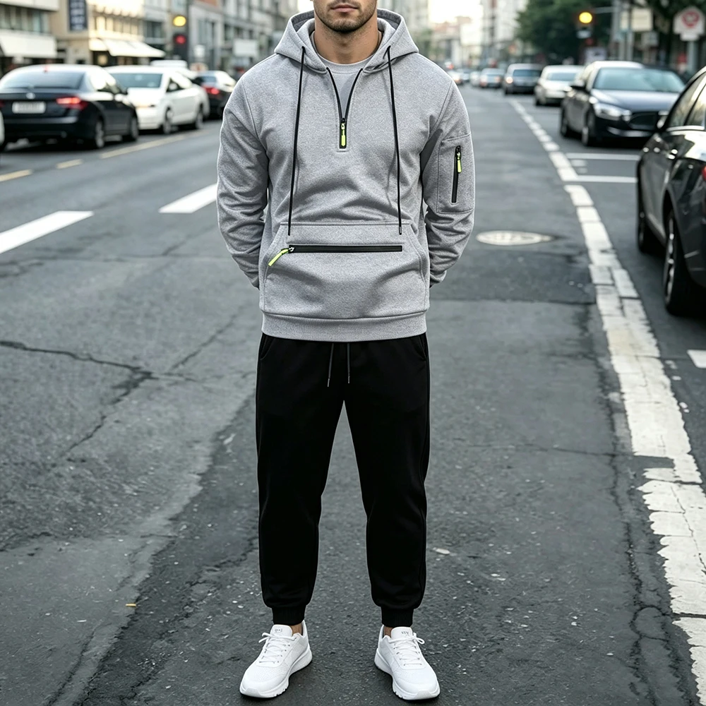 Men's 2PCS Tracksuit Solid Black Half Zip Hoodie Elastic Waist Drawstring Pants Casual Daily Sports Suit With Zip Pockets