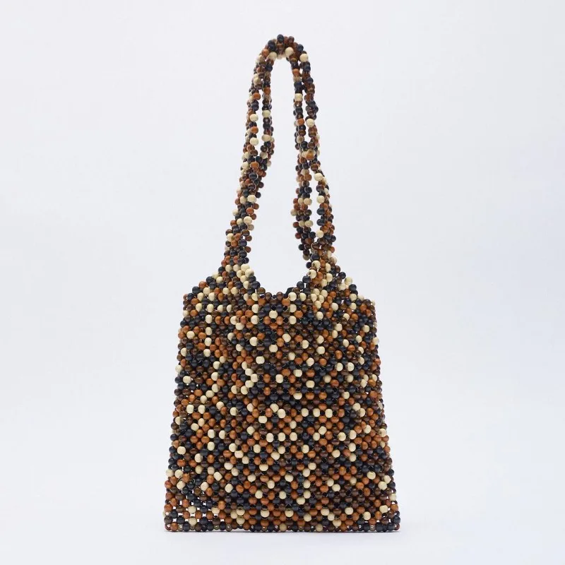 

Summer New Handmade Women's Shoulder Bag Vintage Handwoven Mixed Color Wood Beaded Bags Large Capacity Versatile Ladies Handbag