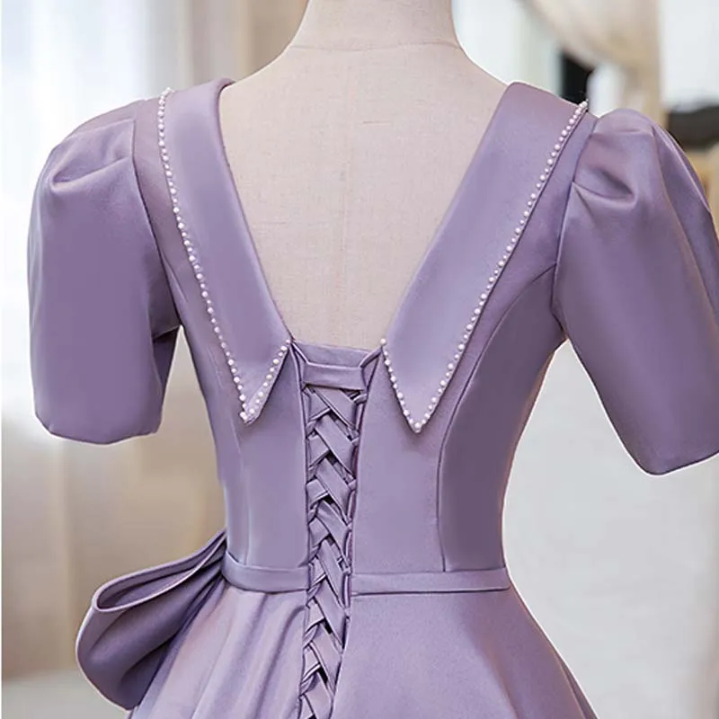 Purple Evening Dress Bow Appliques Short Sleeves Floor-Length Elegant A-Line Deep V-Neck Satin New Party Formal Gown Woman B2051