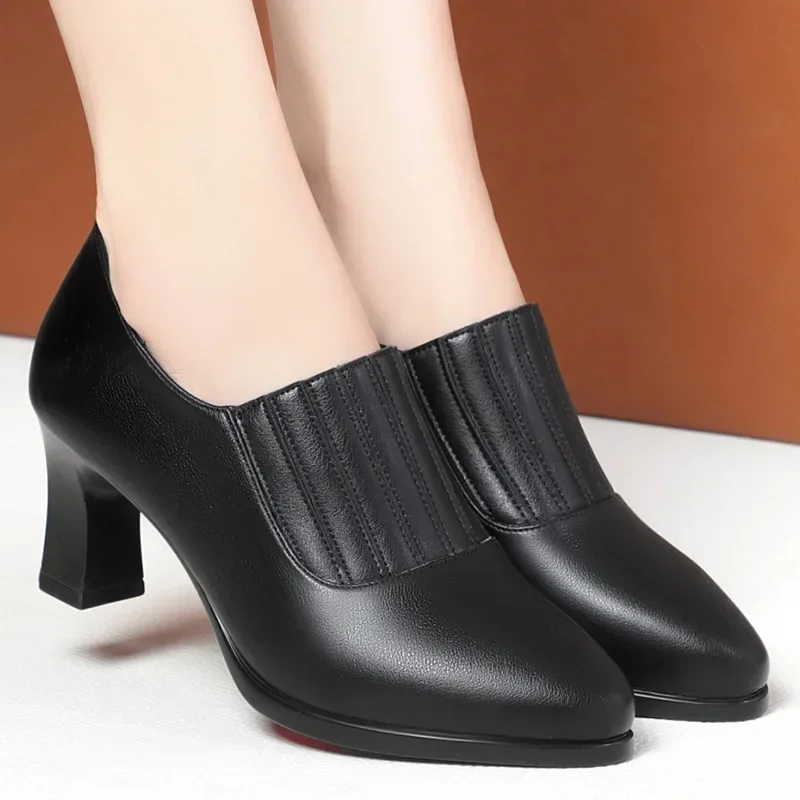 Autumn Women\'s High Heels Fashion 6.5cm Block Heel Leather Ankle Boots Stretch Slip-on Pumps Antiskid Rubber Sole Modern Boots