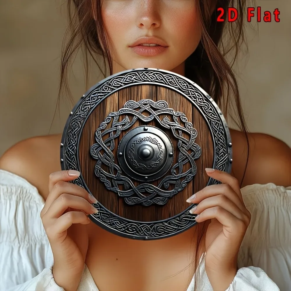 Norse Viking Shield Metal Wall Decor 2D Flat with Celtic Knots Dark Brown Home Office Bar Cafe