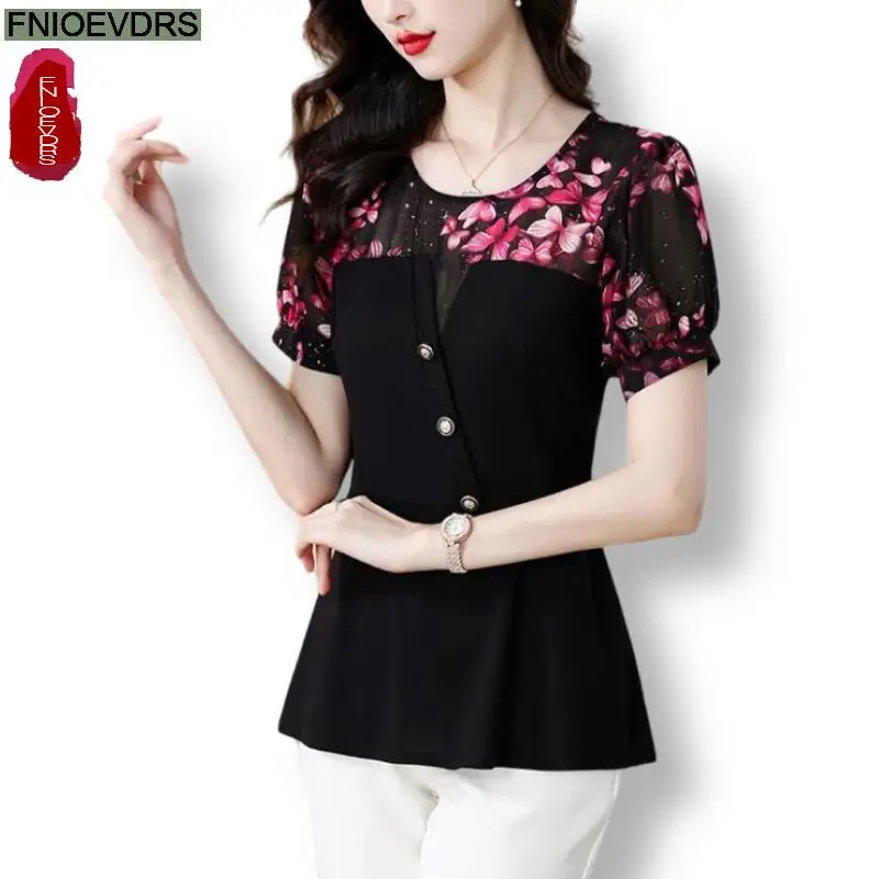 

M-5XL Loose Clothes 2024 Summer Retro Button Tops Short Sleeve Women Tunic Flower Floral Print Purple Peplum Shirts Blouses