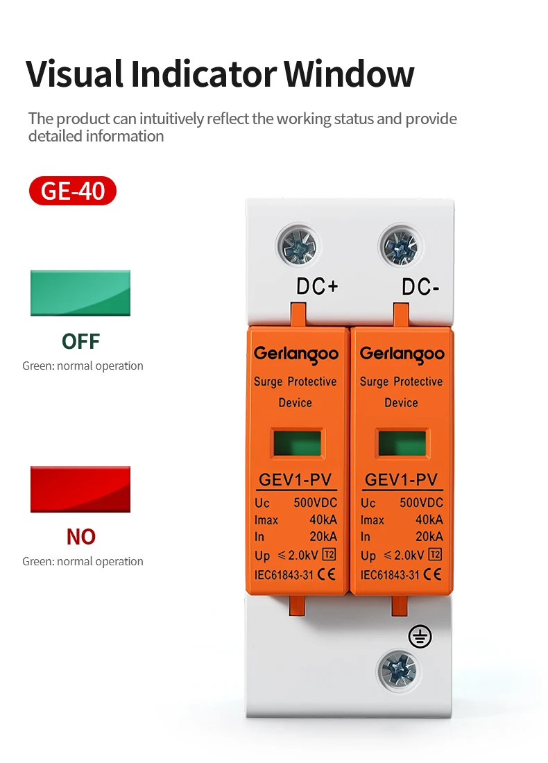 Gerlangoo SPD 2P DC 500V 600V 800V 1000V 10KA~20KA 20KA~40KA Überspannungsschutzgerät Niederspannungs-Ableitergerät – Detail 2