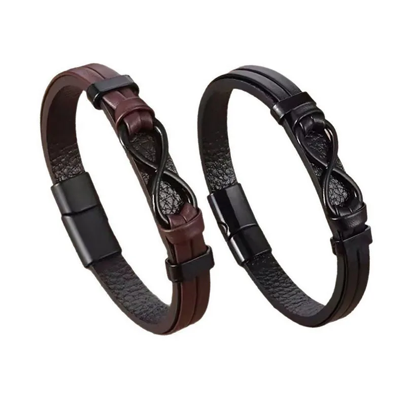 

Simple OL Style Genuine Leather Bracelet for Men Infinity Symbol Charm Cuff Bracelet Magnetic Clasp Hand Jewelry Accessories New