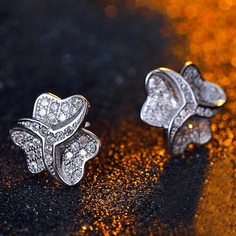 Huitan Elegant Lady Flower Stud Earrings with Bright Zirconia Silver Color Accessories Graceful Female Engagement Jewelry Gift