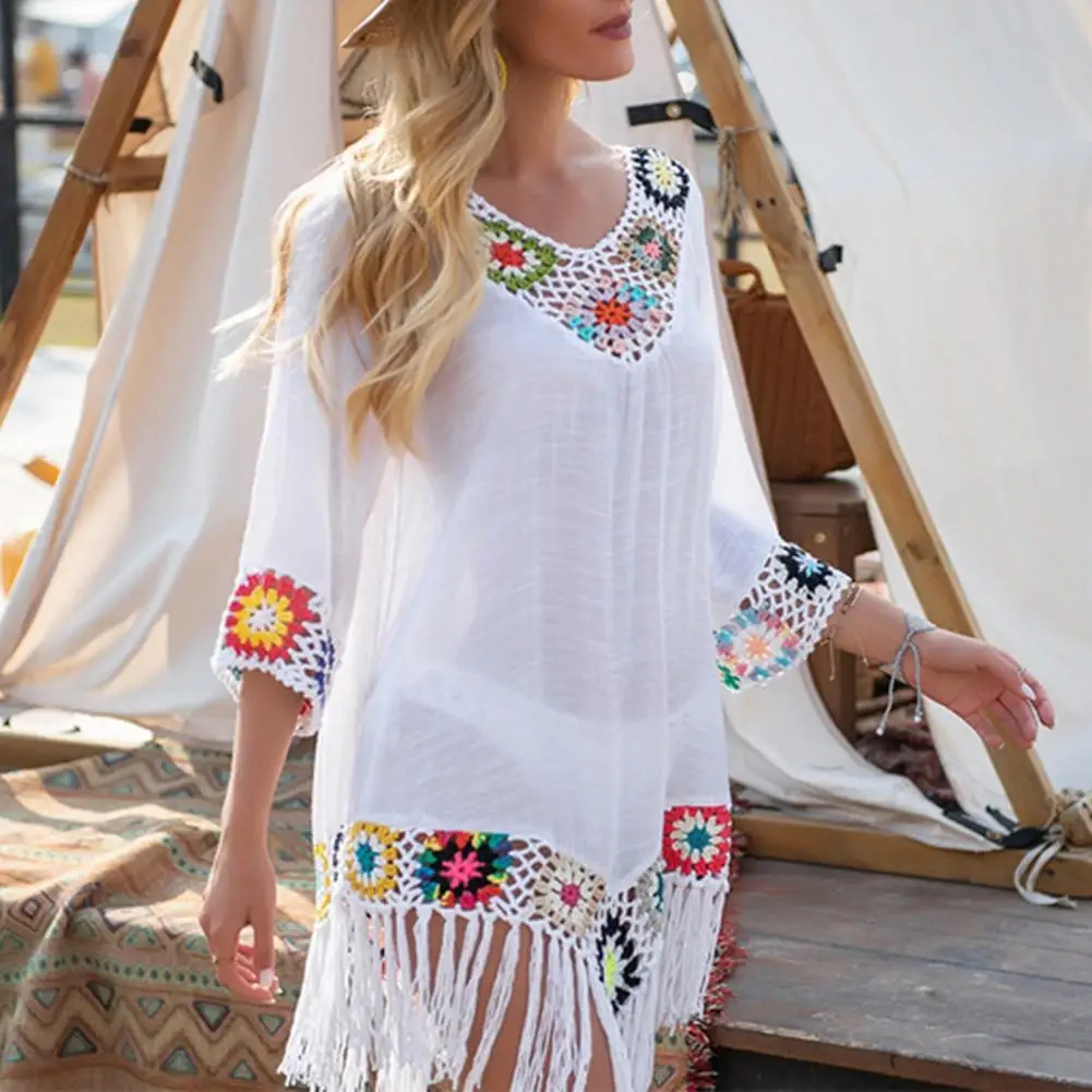 Losse vrouwen bikini cover-up uitgehold gehaakt patchwork zomerzon badmode tuniek strand badpak cover-up