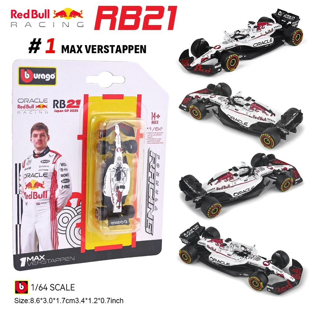 Bburago 1:64 Red Bull F1 2025 RB21 Grande Prêmio do Japão em Suzuka # 1 série de modelos de carros Verstappen, brinquedos infantis para presente de Natal para meninos