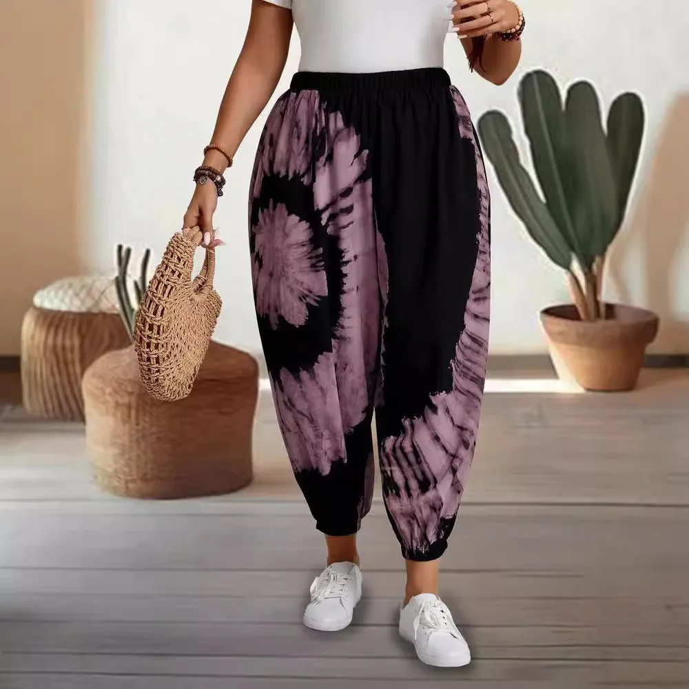 Loose Fashionable Printed Women's Casual Pants Mid-Rise Low-Elasticity Polyester Blend Rock-Style Printed Leggings
