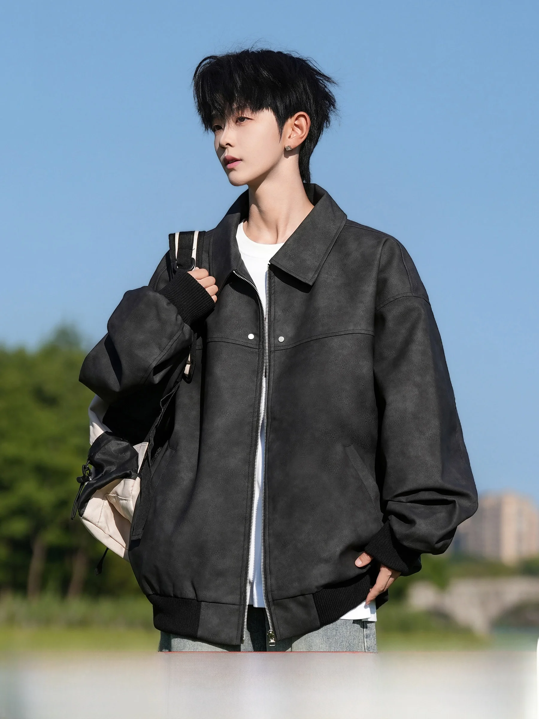 

Sli American Men's Suede Jaet Spring Autumn New Faion High-End Feeling Cool Guy Top Loose Fit Long Sve Zipper Closure