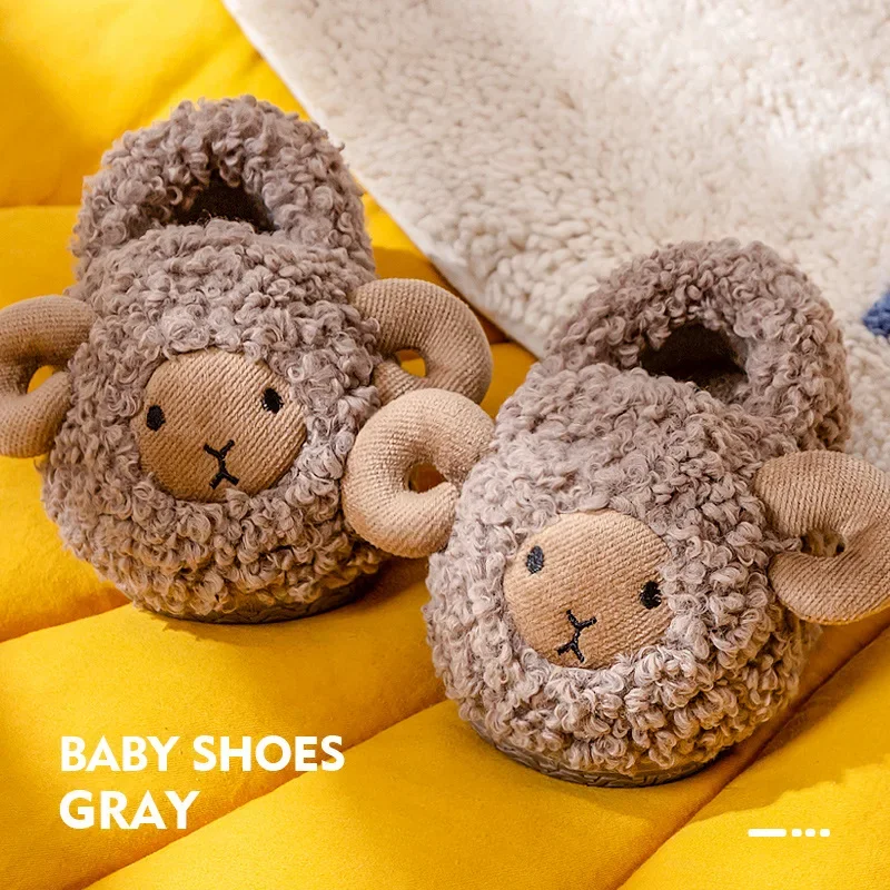 Children Cartoon Sheep Cute Shoes Soft Autumn Winter Warm Boys Girls Baby Plush Fur Non-slip Slipper Heel Wrap Home Flat Shoes