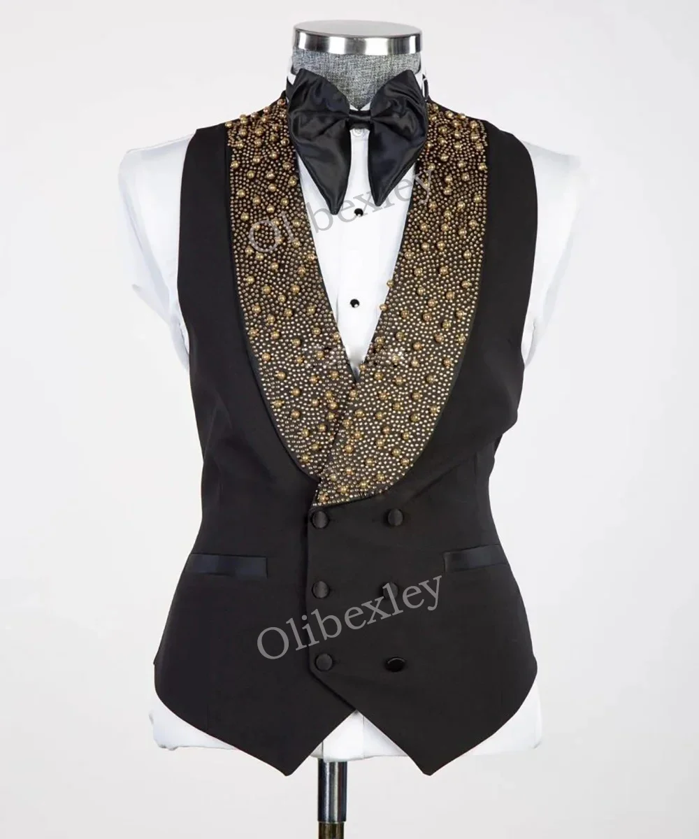 Luxury Mens Suits High Quality 3 Piece Sets Beaded Crystals One Button Tuxedos Wedding Groom Business Dinner Prom