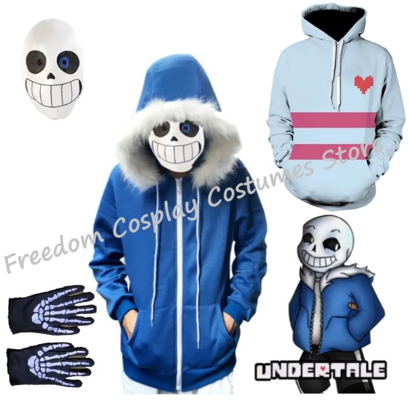 

Game Undertale Sans Skeletons Cosplay Blue Hoodies Mask Bones Cos Blue Coat Halloween Cosplay Costume Unisex Skeleton gloves