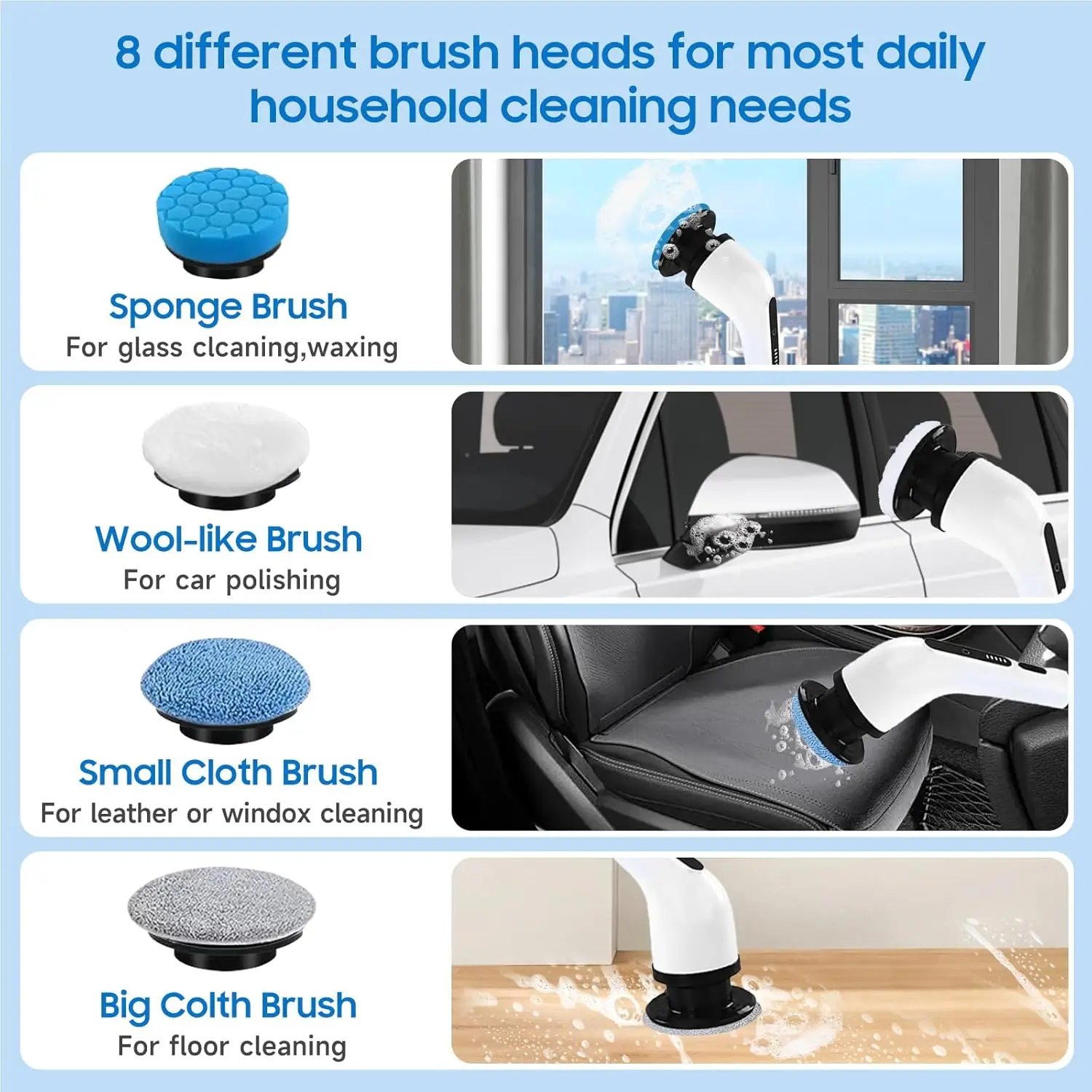 9ヘッドコードレス - バスルームの床用の長いハンドル、調整可能な速度、交換可能なブラシヘッドを備えた2スピードパワクリーナー