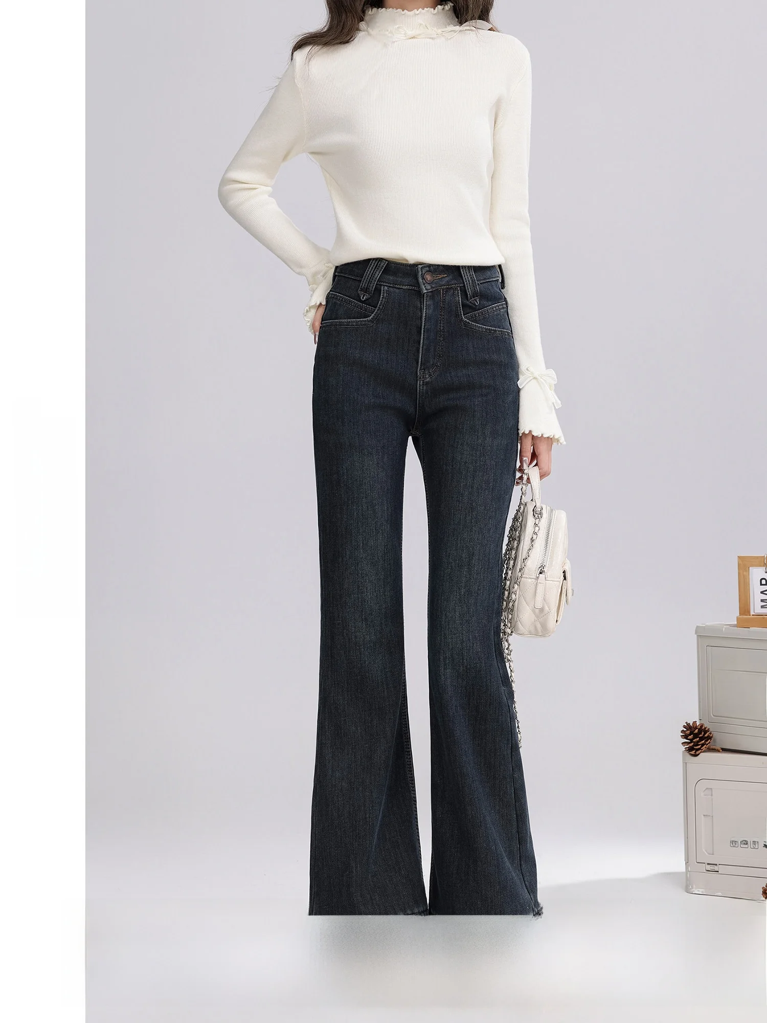 

High Waist Fce Lined Flared Jeans Women's Winter Versatile Straight Leg Jeans Retro Sle Classic Blue Cotton Blend