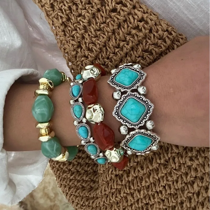 Bohemian turquoise women's bracelet set retro ethnic multi-layer natural stone bead bracelet stackable bracelet jewelry gift