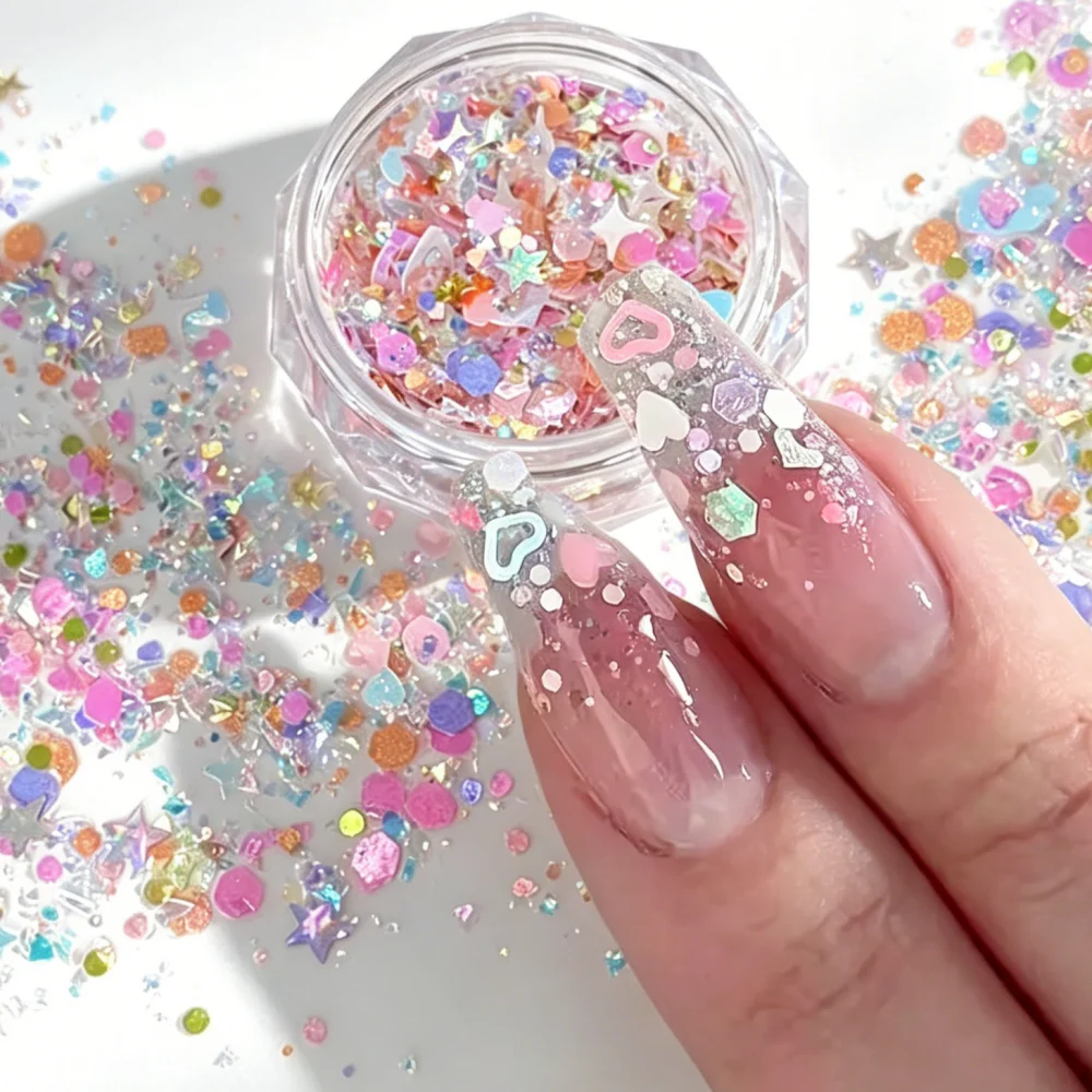 1Jar Kawaii Shiny Heart Star Circle Nail Glitter Sequins Colorful Sparkly Confetti Nail Art Flakes DIY Sweet Manicure Decoration