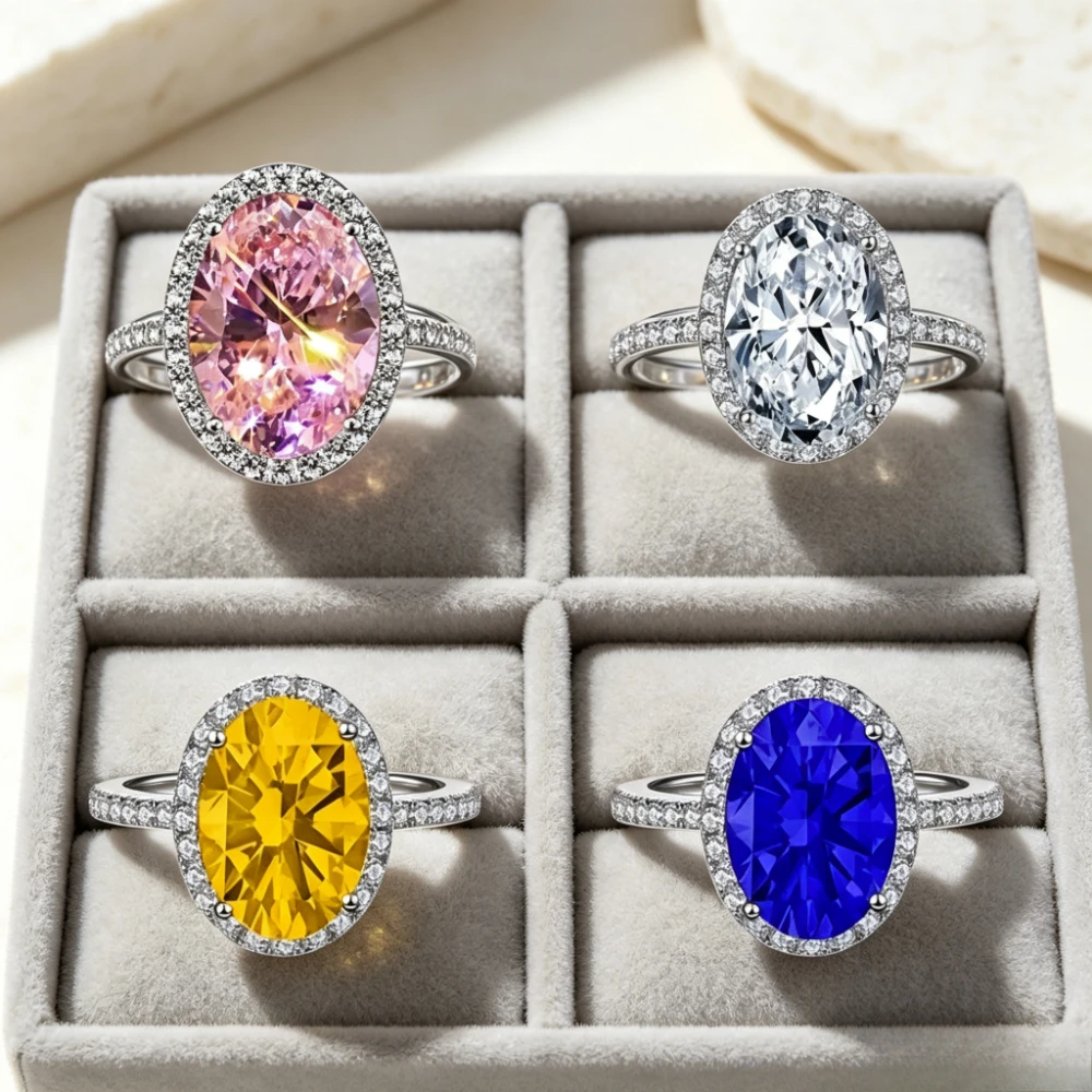 Exquisite 925 sterling silver micro-set oval pink zirconia ring. Large size. Elegant jewelry for women. To be worn by ladies.