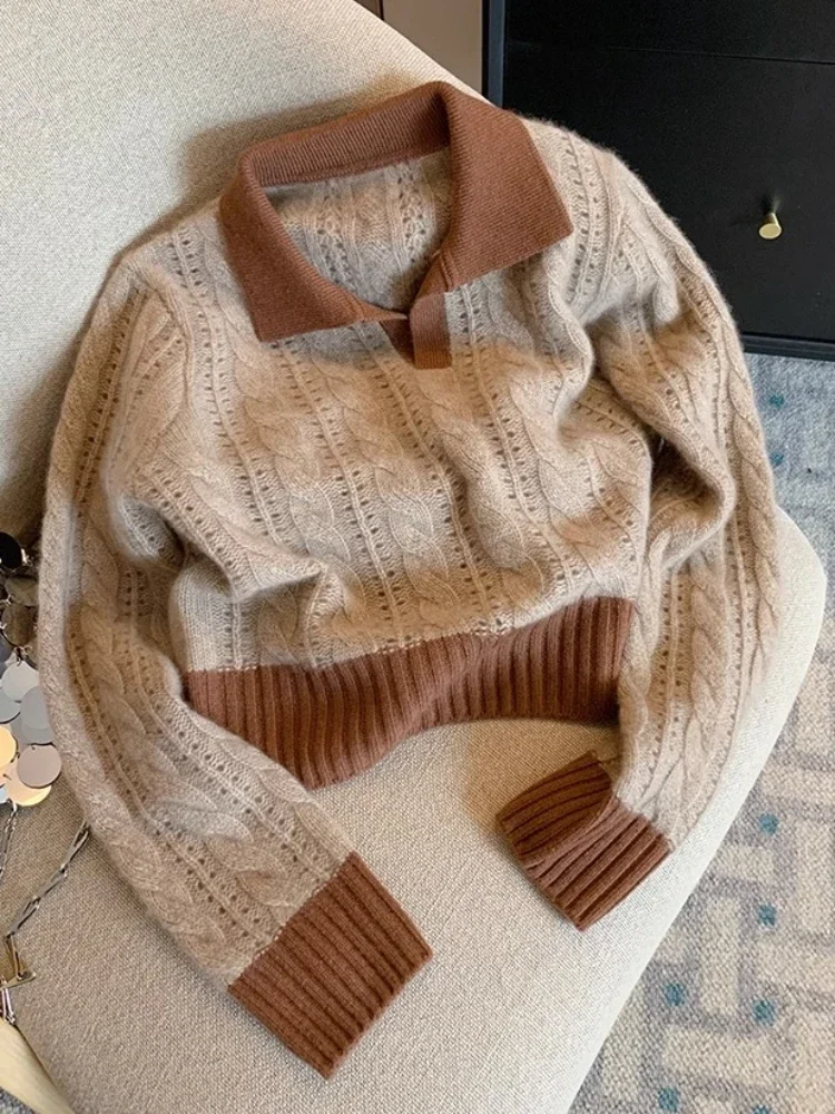 Jesień Vintage Swetry Pullovers Kobiety Brązowy Popularny Slouchy Temperament Tops Dzianina Swetry Dzianina Elegancki All-match Chic — zdjęcie 2