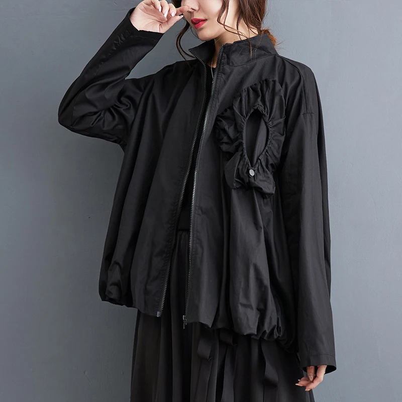 Dark Style Spring Autumn Double Layer Loose Flower Bud Shaped Jacket 3D Decorative Women's Fashion Outerwear Polyester Blend