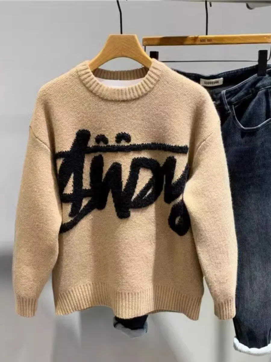 

Trendy American Popular Sweater Women Letter Pattern Autumn Winter Men Women Loose Knit Crew-neck Pullover Sweater Top