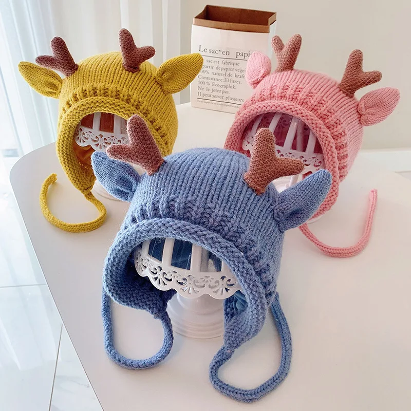 Cute Elk Antlers Baby Hat Winter Warm Knitted Baby Boy Girl Cap Ear Protection Hats Solid Color Kids Children Cap Beanies bonnet