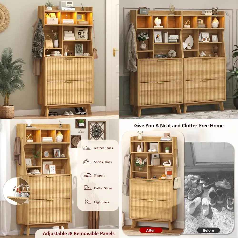 

Rustic Style Height-Adjustable Flip-Top Shoe Cabinets Entryway Coat Rack with LED Lights, Tall Storage Solution for Entryways