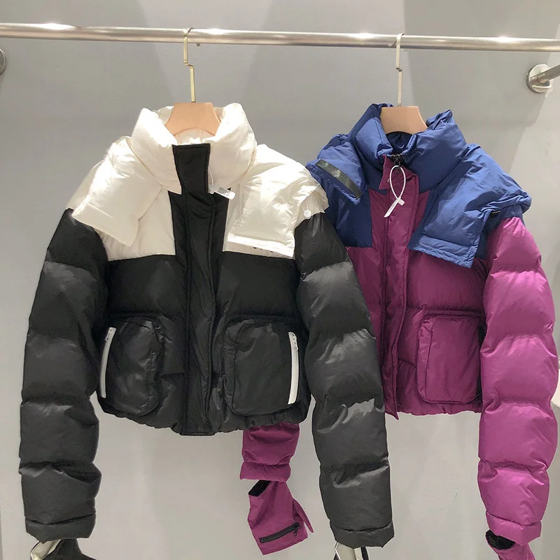 

Contrast Color Fashion Woemn Down Jacket Hooded Long Sleeved Cropped Puffer Parkas 2023 New Thick Warm Loose Female Winter Coat