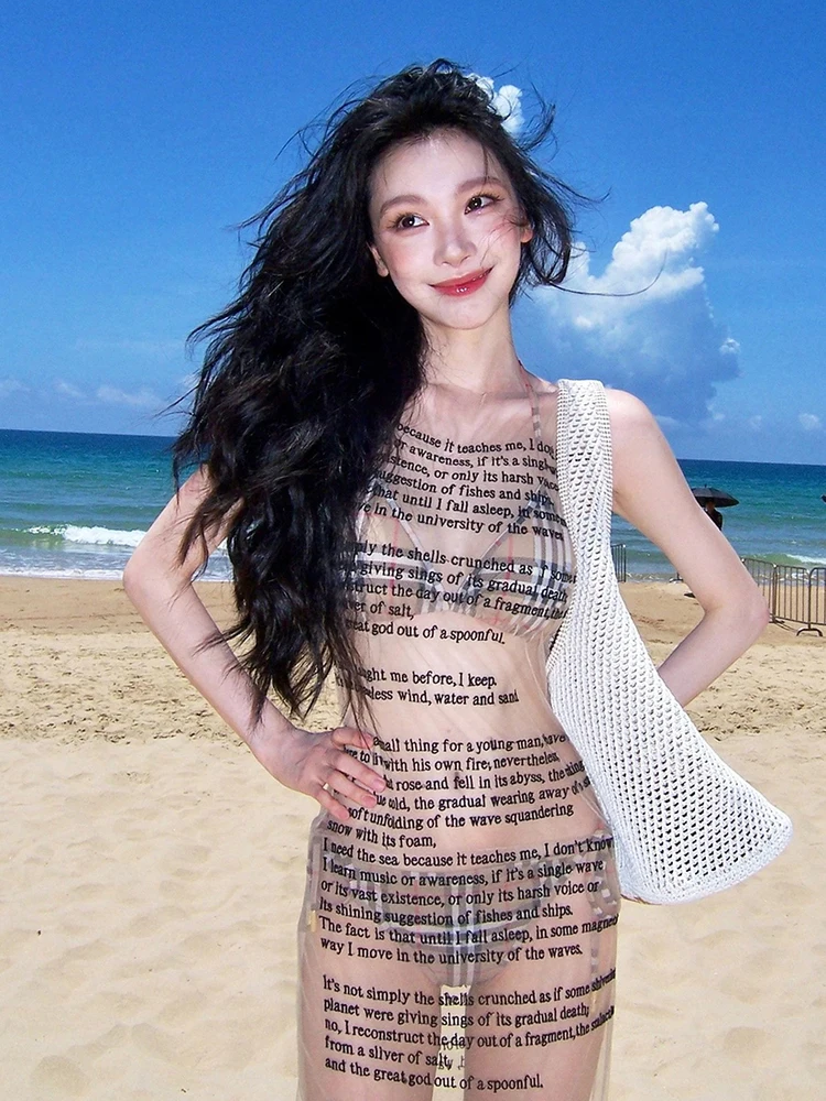 섹시하고 매혹적인 여성용 레터 프린트 시스루 스커트, 폴리에스터 혼방 여름 패션 스커트