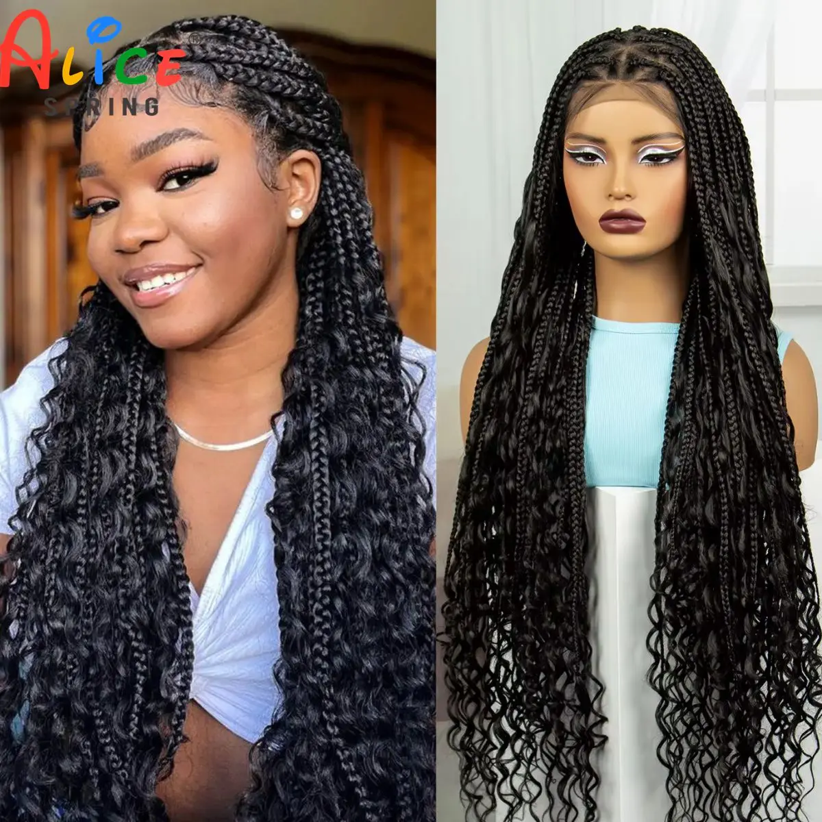 38 Inch Full Lace Braided Wigs Synthetic Knotless Box Braids Wig with Curly Hair for Women Boho Braided Lace Wig With Baby Hair