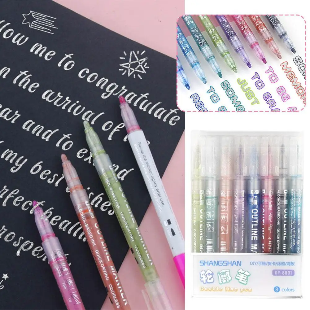 8 Colors Double Line Outline Art Pen Marker Pen For Students Quick Dry DIY Graffiti Highlighter Scrapbook Pen 1/8pcs