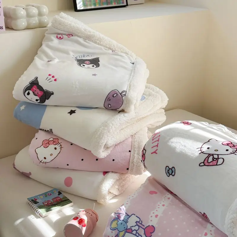 

New Sanrios Kuromi Melody Hellokitty Nap Blanket Cartoon Cute Women Lamb Wool Duvet Cover Office Casual Warm Blankets