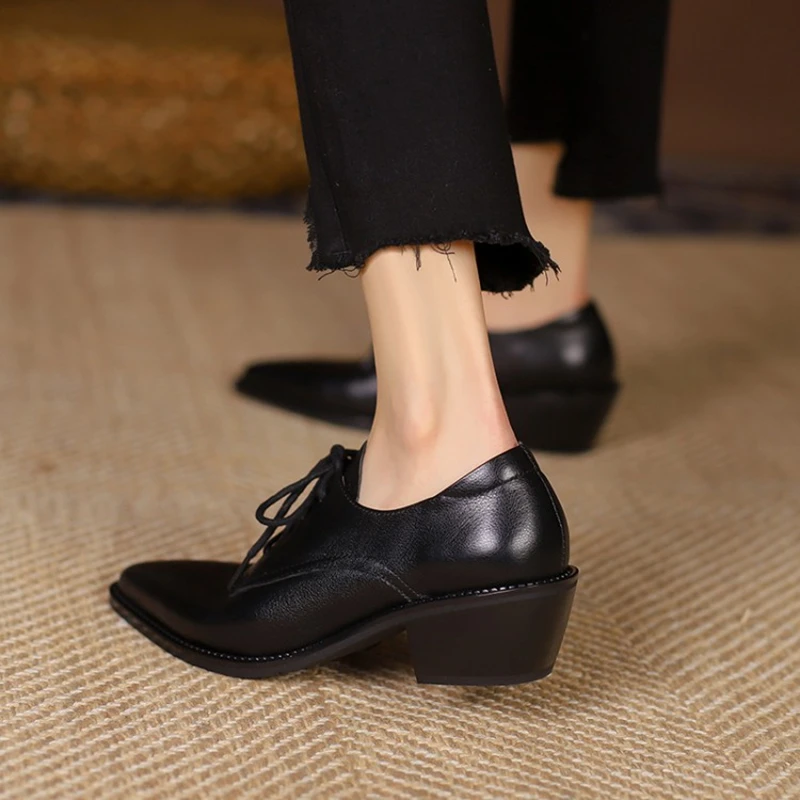 NEW Spring/Autumn Women Pumps Genuine Leather Shoes for Women Pointed Toe Chunky Heel Shoes Casual Black Lace-up Handmade Shoes