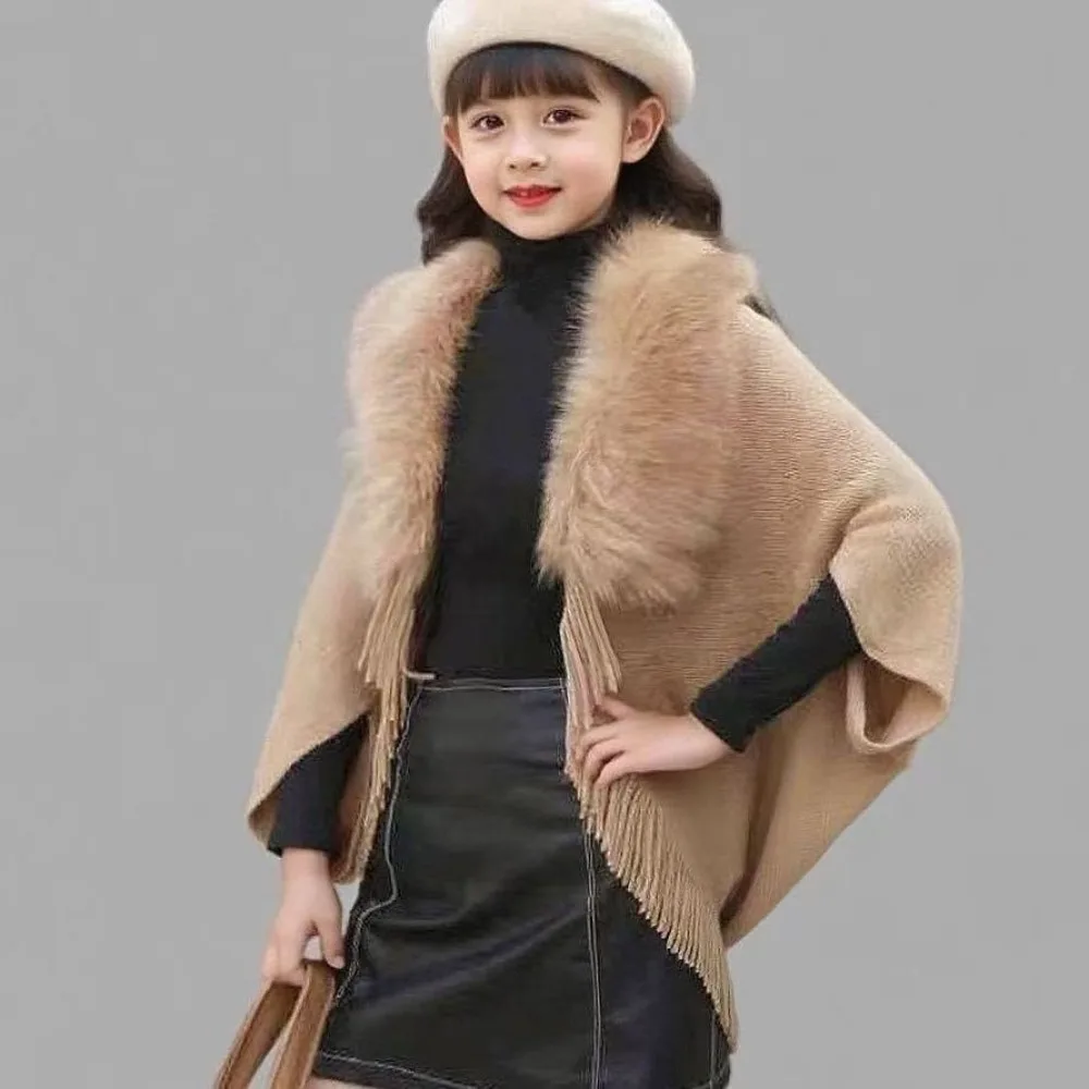 

Fashion Faux Fur Collar ' Mongolian Poncho Winter Warm Ethnic Style Knitting Wraps Coat Overlays For Children