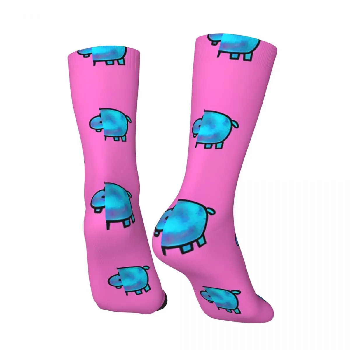 Vintage Blue Glowing Hippo Pink Background Men's compression Socks Unisex Harajuku Pattern Printed Novelty Crew Sock