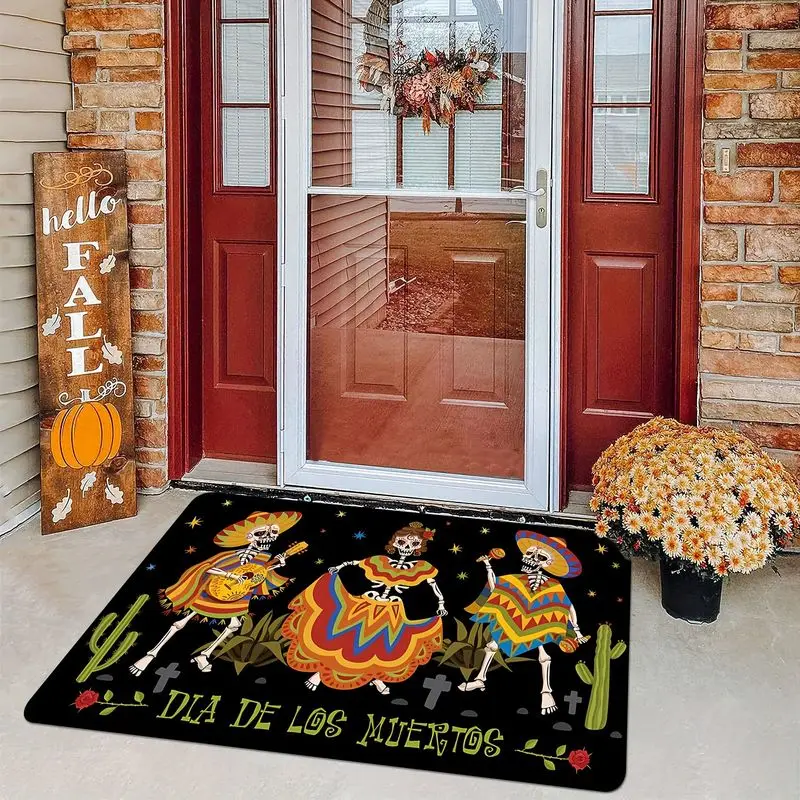 VIKAMA Dia De Los Muertos Skeleton Doormat Non Slip Entrance Floor Mat Mexican Cactus Front Door Holiday Home Decor Rug