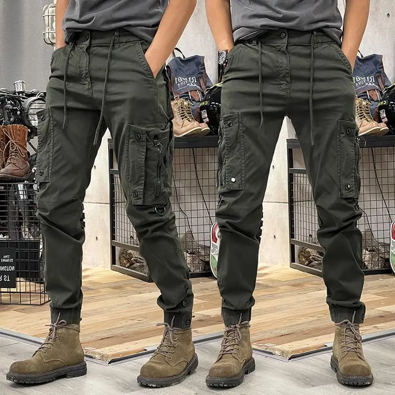 Men's Fashionable Multi Pocket Zipper Design Work Pants, Loose Wide Leg Straight Leg Casual Drawstring Outdoor Training Male - Image 2