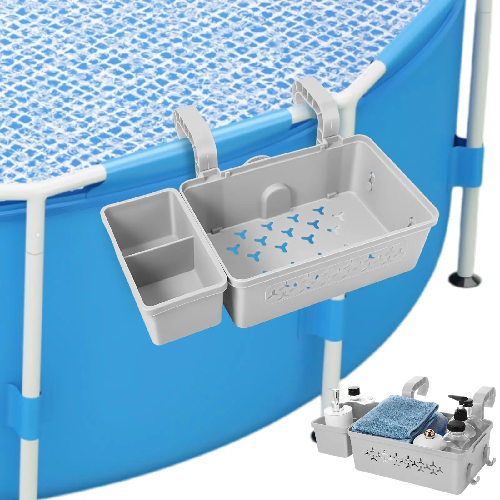 

Poolside Storage Basket Outdoor Above Ground Pool Accessories Swimming Pool Storage Basket with Pool Cup Holder and Hooks Poolsi