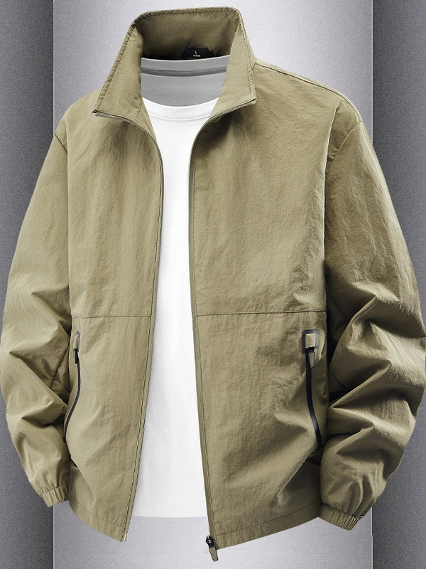 

Men's Spring Autumn Jaet Stand Collar Loose Casual Outdoor Sports Windproof Clothing Zipper Decoration Nylon Fiber Long Sve