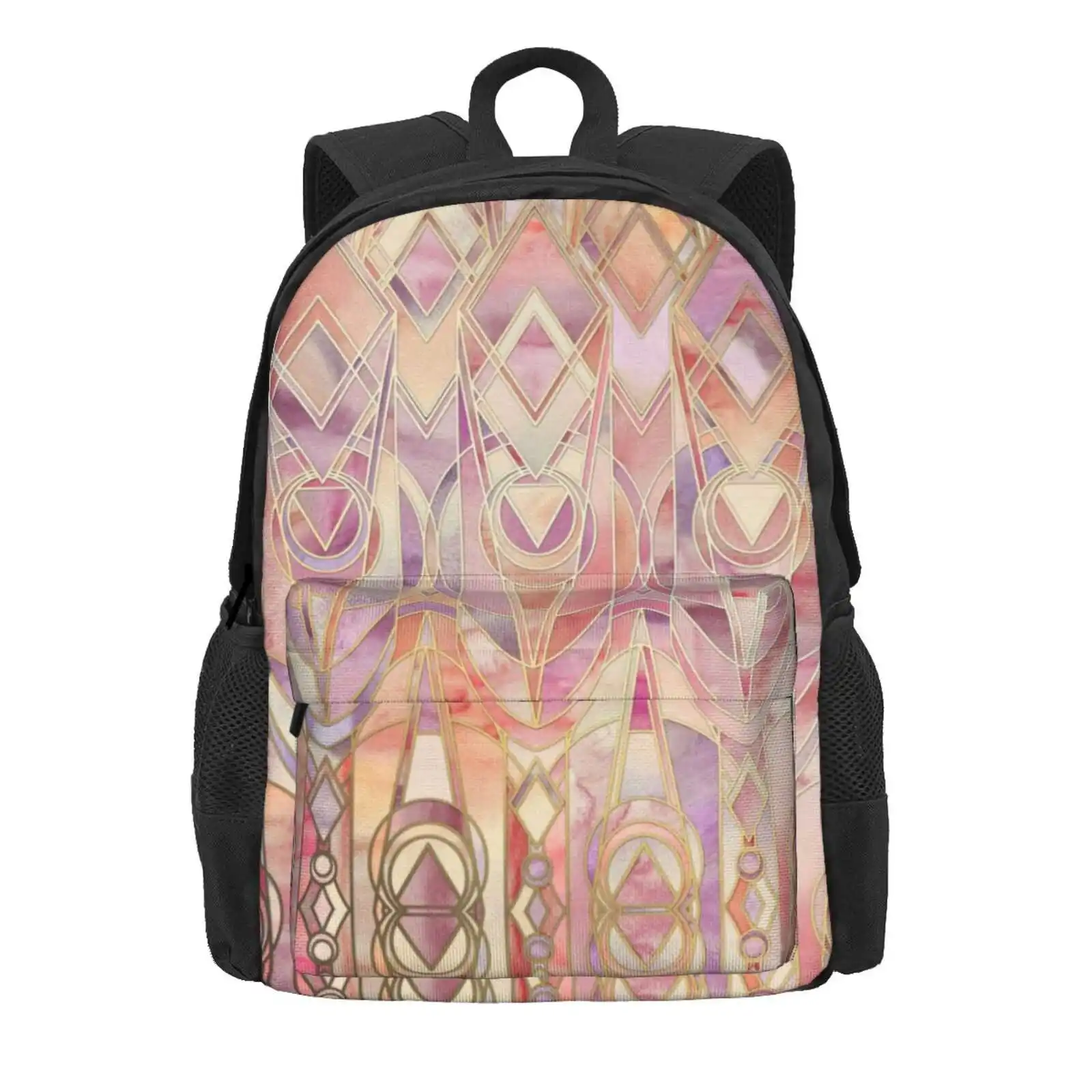 Glowing Coral And Amethyst Art Deco Pattern Hot Sale Schoolbag Backpack Fashion Bags Nouveau Cream Peach Pink Mauve Amethyst